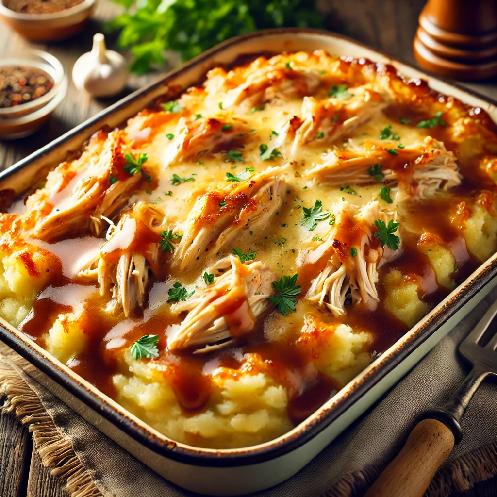 Chicken Mashed Potato Casserole with Gravy